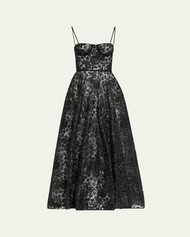 Sequined Floral Lace Bustier A-Line Maxi Dress